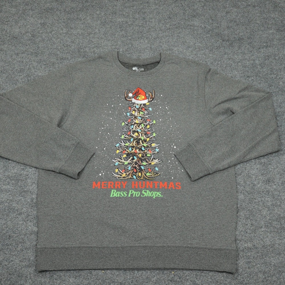 Bass Pro Shops Sweatshirt Men Large Gray Merry Huntmas Antler Christmas Tree